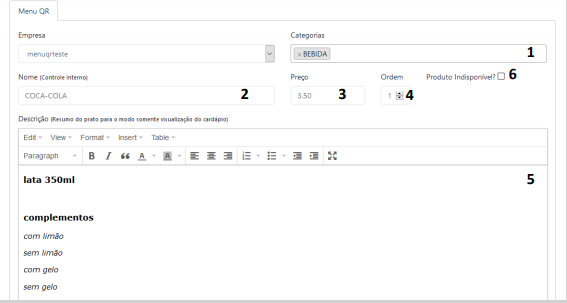 cadastro de produtos QR-MENU